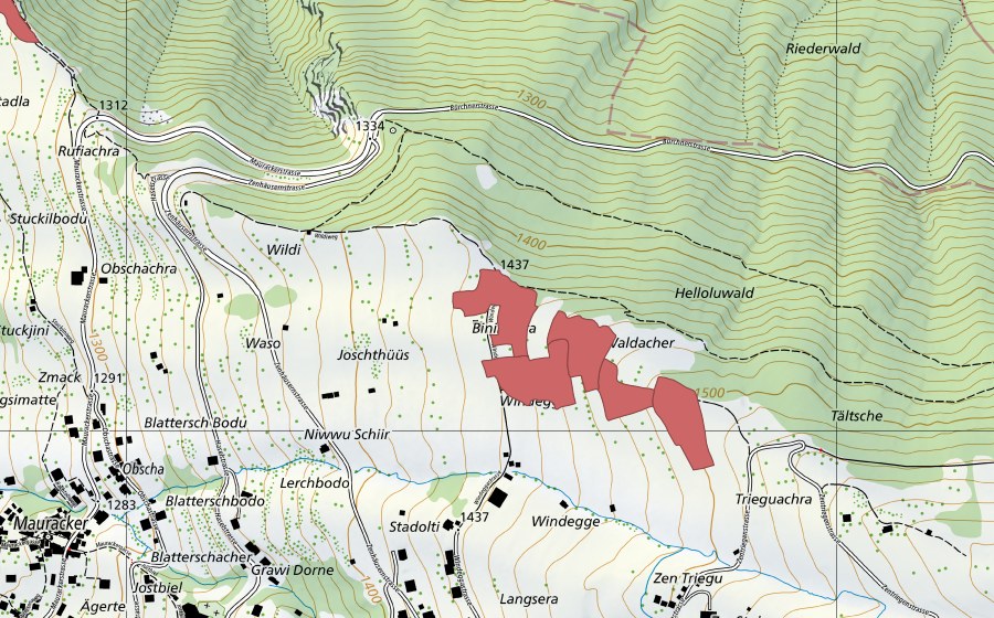Carte nationale swisstopo avec le périmètre protégé de Windegge (Prairie sèche)