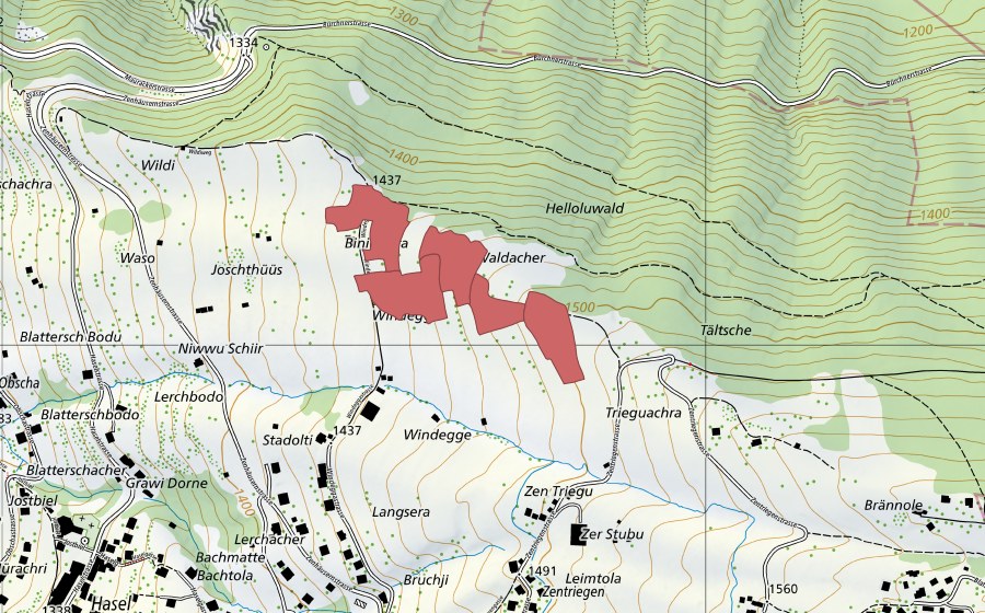 Carte nationale swisstopo avec le périmètre protégé de Windegge (Prairie sèche)