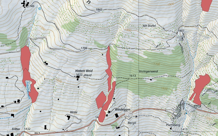 swisstopo national map showing the protected perimeter of Windeggen (Dry meadow)