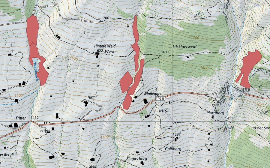 Carte nationale swisstopo avec le périmètre protégé de Windeggen (Prairie sèche)