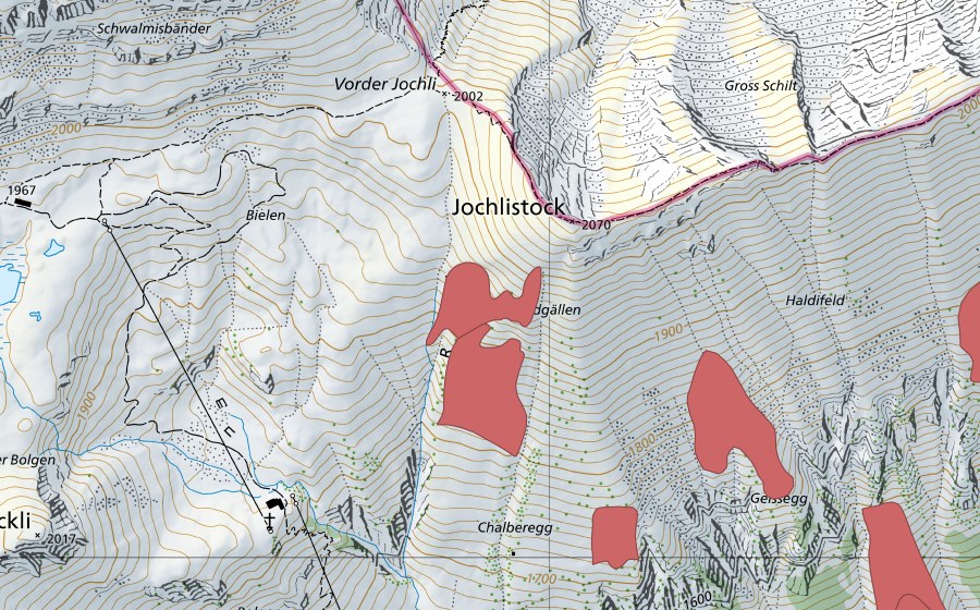 swisstopo national map showing the protected perimeter of Windgällen (Dry meadow)