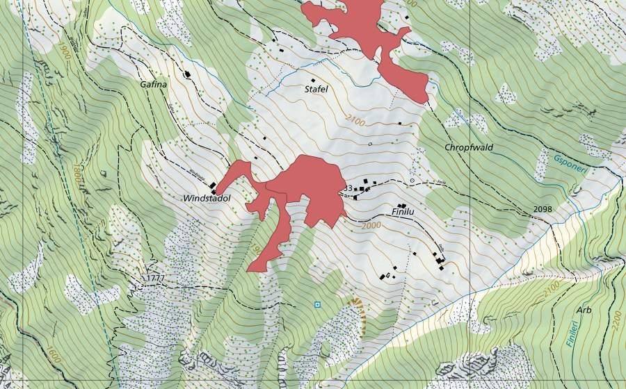Landeskarte swisstopo mit dem Schutzperimeter von Windstadel (Trockenwiese)