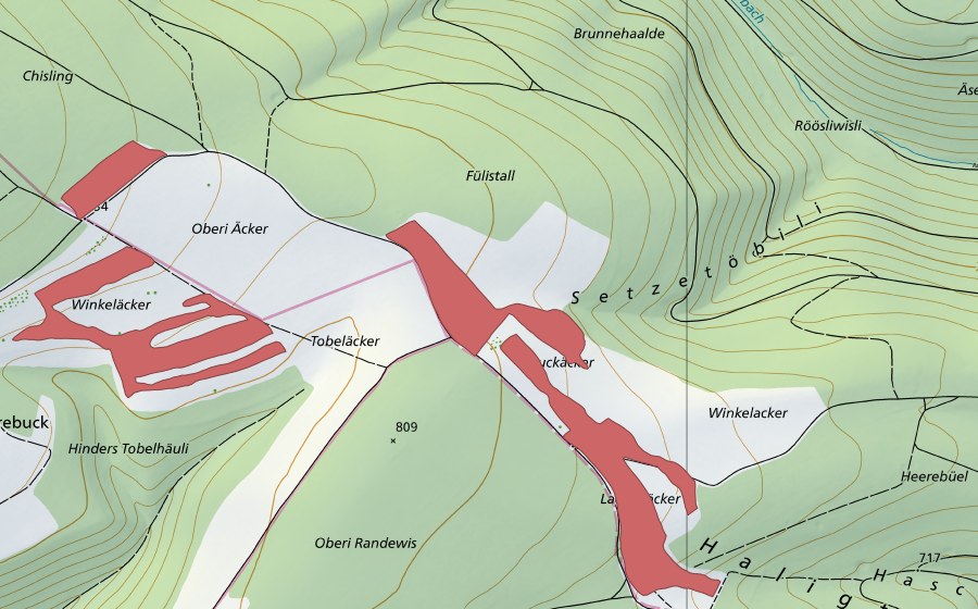 Carte nationale swisstopo avec le périmètre protégé de Winkelacker (Prairie sèche)