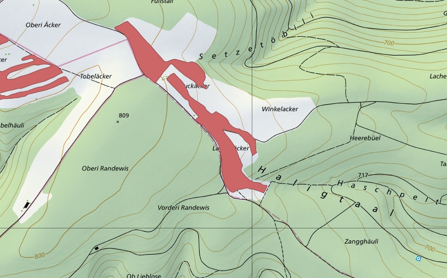 Landeskarte swisstopo mit dem Schutzperimeter von Winkelacker (Trockenwiese)
