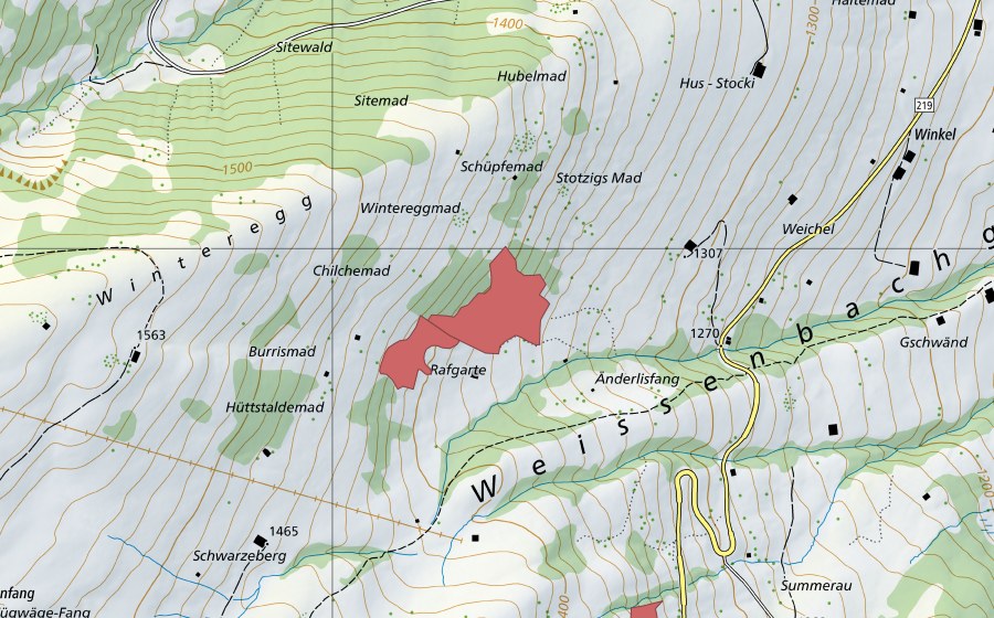 Landeskarte swisstopo mit dem Schutzperimeter von Winteregg (Trockenwiese)