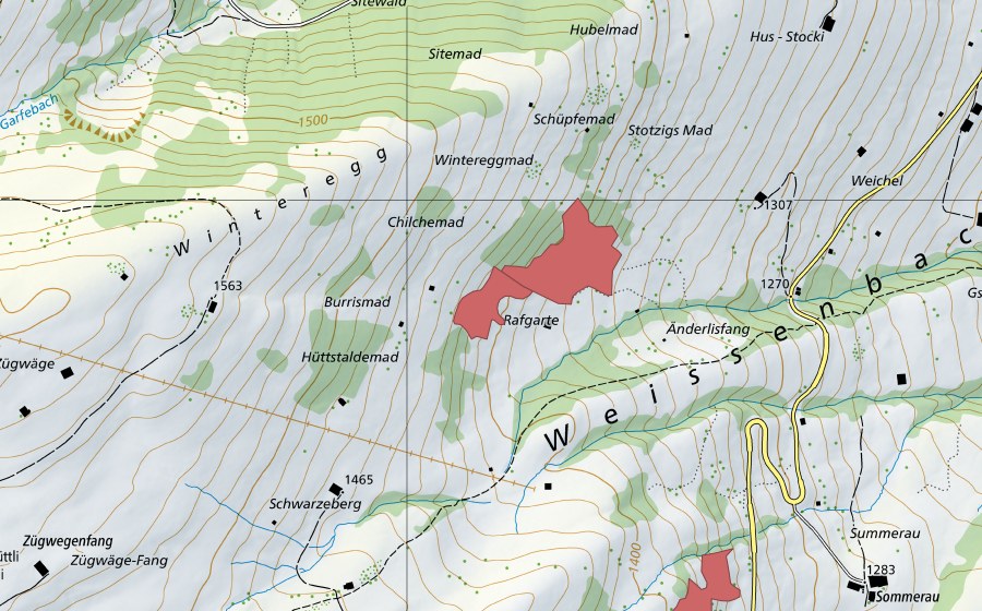 Carte nationale swisstopo avec le périmètre protégé de Winteregg (Prairie sèche)