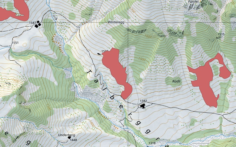 Carte nationale swisstopo avec le périmètre protégé de Winteregg (Prairie sèche)