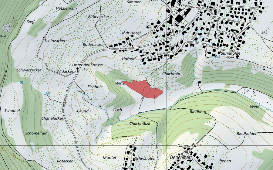 Carte nationale swisstopo avec le périmètre protégé de Winzligen (Prairie sèche)