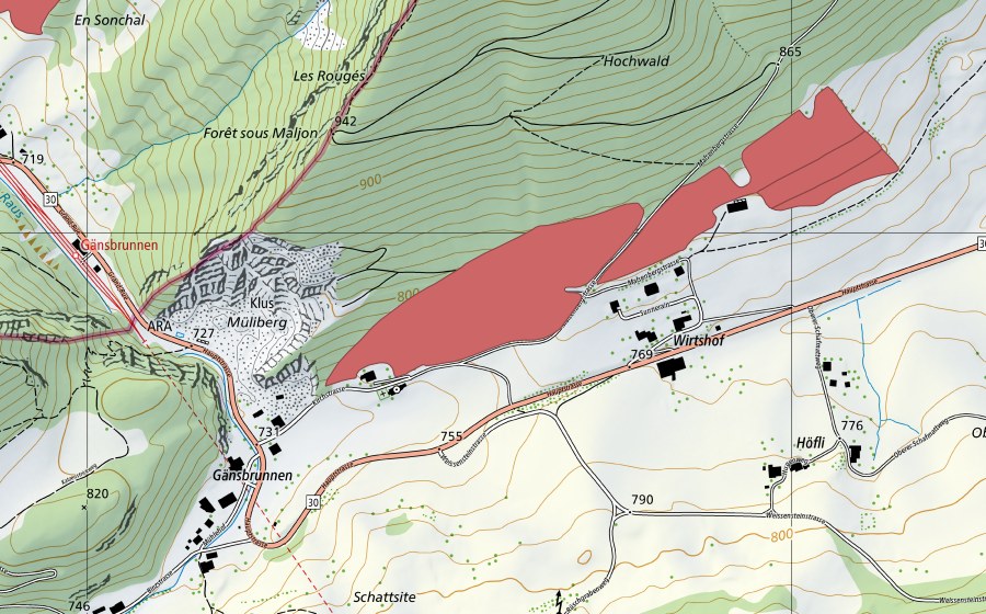 swisstopo national map showing the protected perimeter of Wirtshof (Dry meadow)
