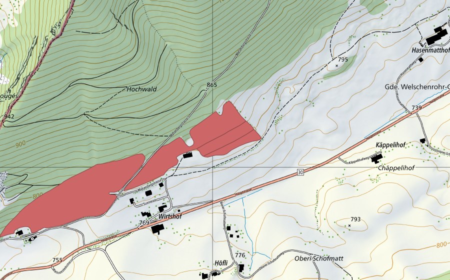 Carte nationale swisstopo avec le périmètre protégé de Wirtshof (Prairie sèche)