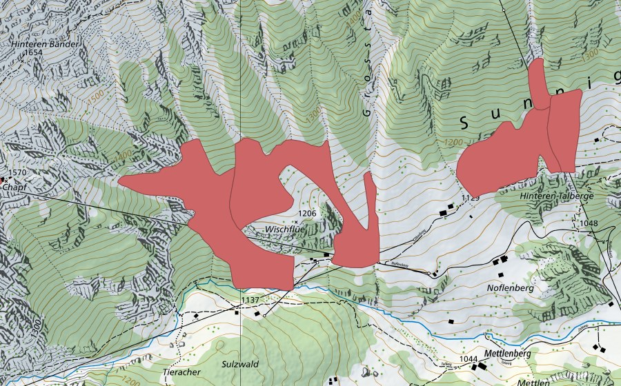 Landeskarte swisstopo mit dem Schutzperimeter von Wischflüe (Trockenwiese)