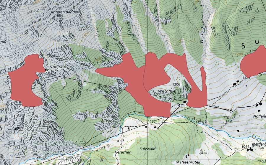 Carte nationale swisstopo avec le périmètre protégé de Wischflüe (Prairie sèche)