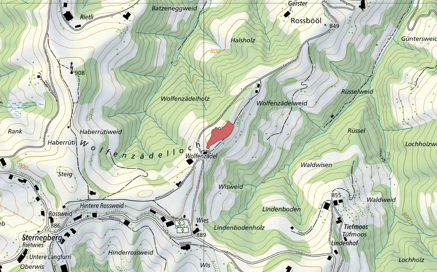 Carta nazionale swisstopo con il perimetro protetto di Wolfenzädel (Prato secco)