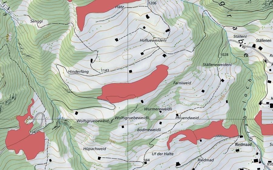 Carte nationale swisstopo avec le périmètre protégé de Wolfsgruebeweid (Prairie sèche)