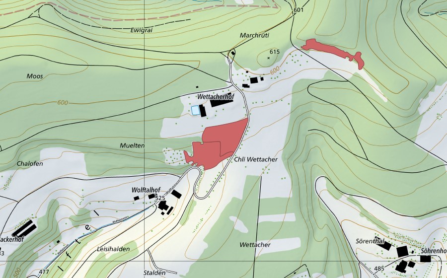 Carte nationale swisstopo avec le périmètre protégé de Wolftel (Prairie sèche)