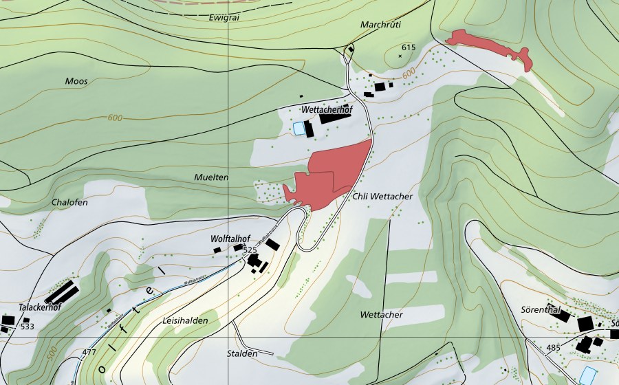 Carte nationale swisstopo avec le périmètre protégé de Wolftel (Prairie sèche)
