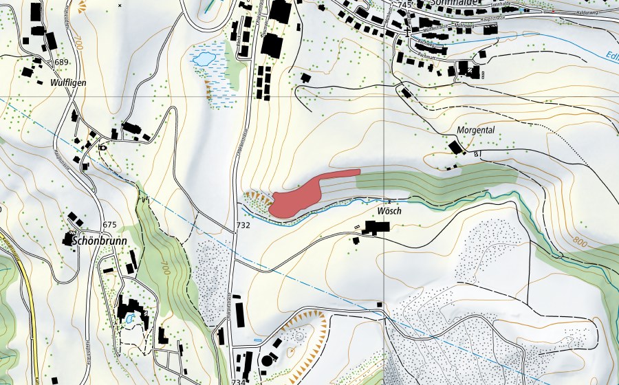 swisstopo national map showing the protected perimeter of Wösch (Dry meadow)