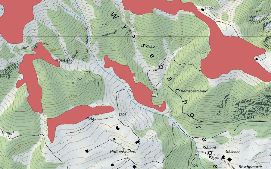 Landeskarte swisstopo mit dem Schutzperimeter von Wyssebachgrabe (Trockenwiese)