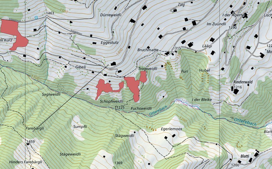 Carte nationale swisstopo avec le périmètre protégé de Zälg (Prairie sèche)