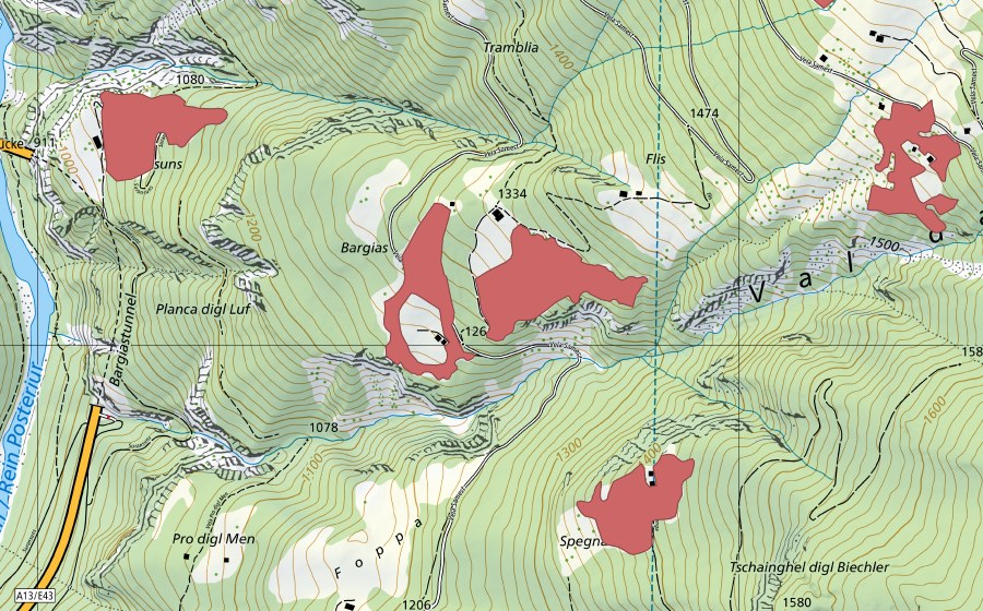 Carte nationale swisstopo avec le périmètre protégé de Zanal (Prairie sèche)