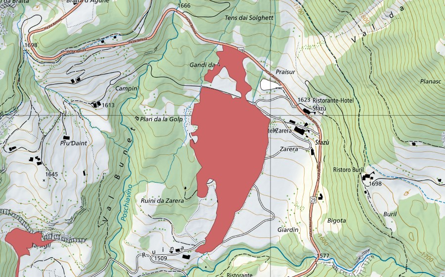 Carte nationale swisstopo avec le périmètre protégé de Zarera (Prairie sèche)