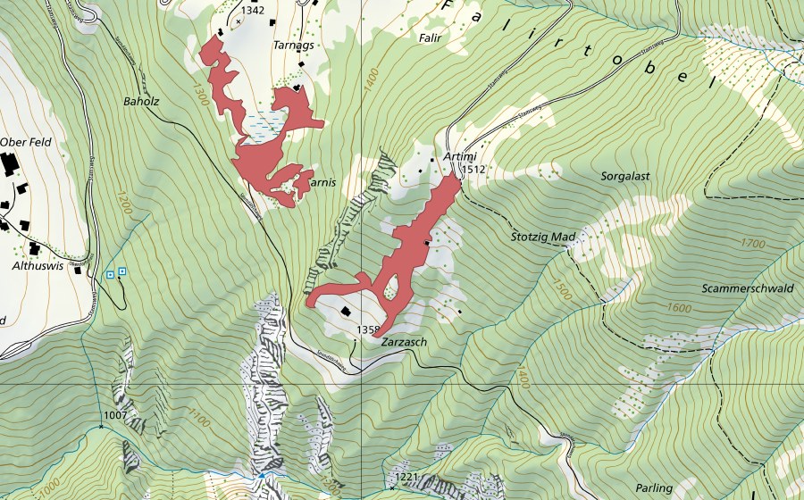 Carte nationale swisstopo avec le périmètre protégé de Zarzasch (Prairie sèche)
