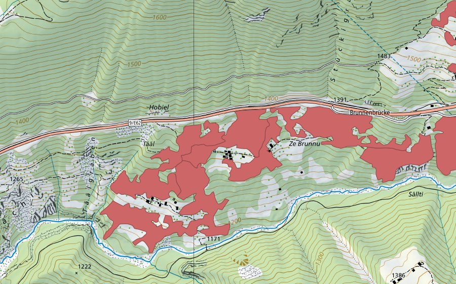 swisstopo national map showing the protected perimeter of Ze Brunnu (Dry meadow)