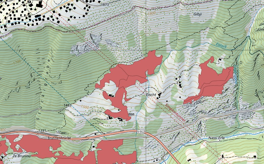 Carte nationale swisstopo avec le périmètre protégé de Ze Brunnu (Prairie sèche)