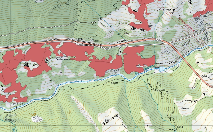 swisstopo national map showing the protected perimeter of Ze Brunnu (Dry meadow)