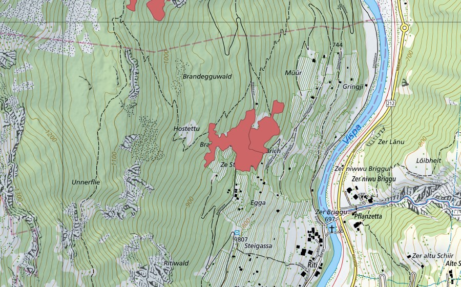Carte nationale swisstopo avec le périmètre protégé de Ze Stubjine (Prairie sèche)
