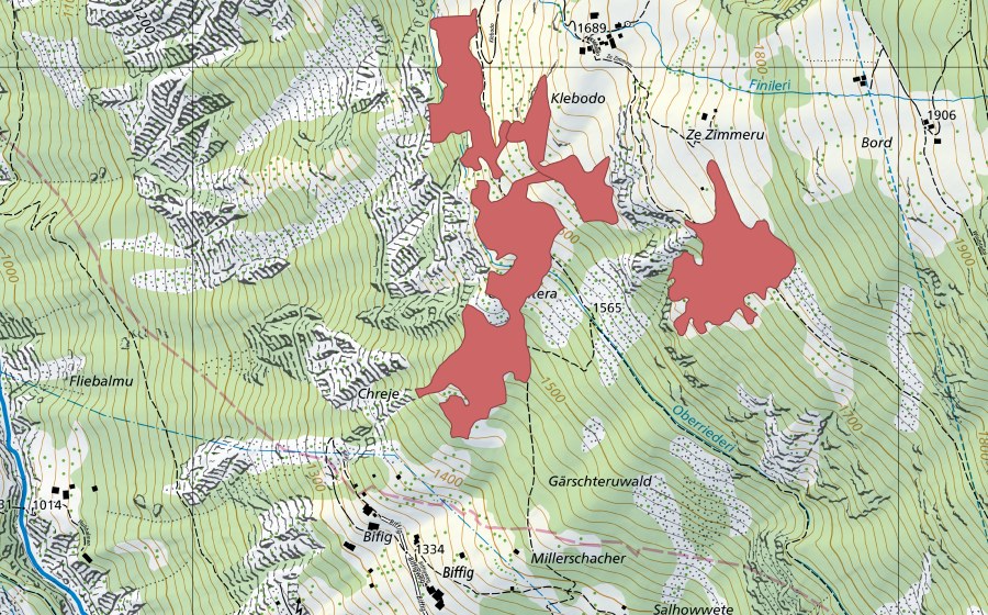 Carte nationale swisstopo avec le périmètre protégé de Ze Zimmeru (Prairie sèche)