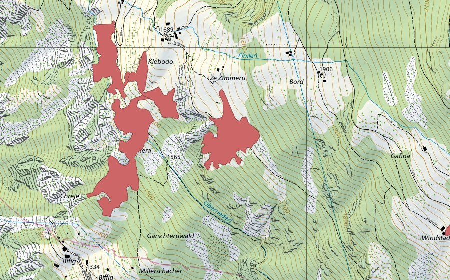 Landeskarte swisstopo mit dem Schutzperimeter von Ze Zimmeru (Trockenwiese)