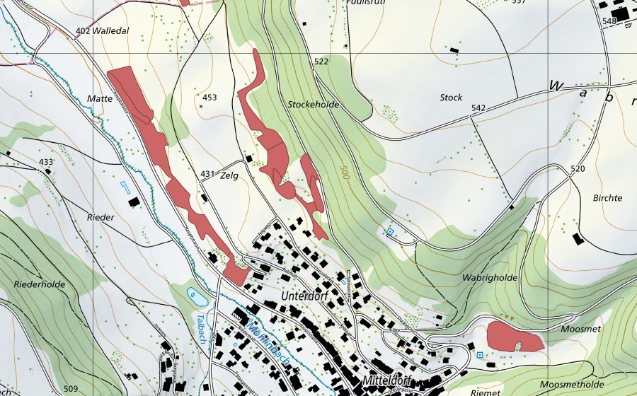 Carte nationale swisstopo avec le périmètre protégé de Zelg (Prairie sèche)