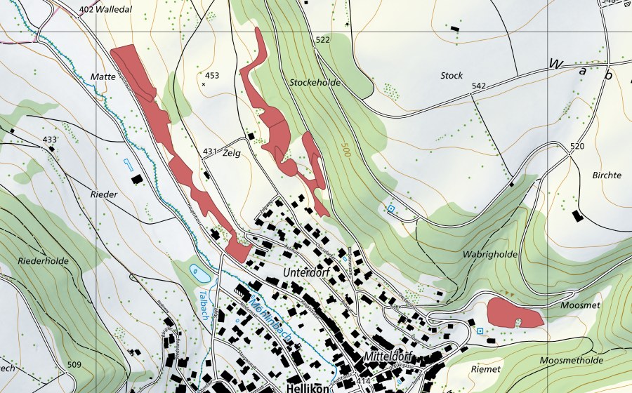 Carte nationale swisstopo avec le périmètre protégé de Zelg (Prairie sèche)
