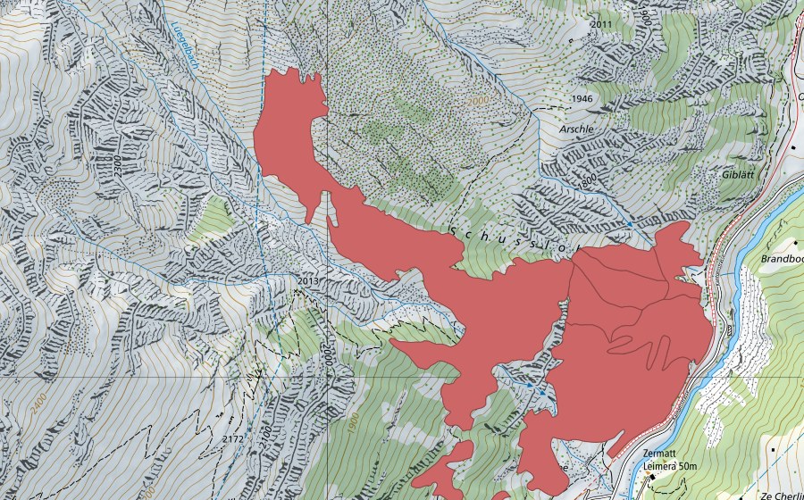 Carte nationale swisstopo avec le périmètre protégé de Zermatt (Prairie sèche)