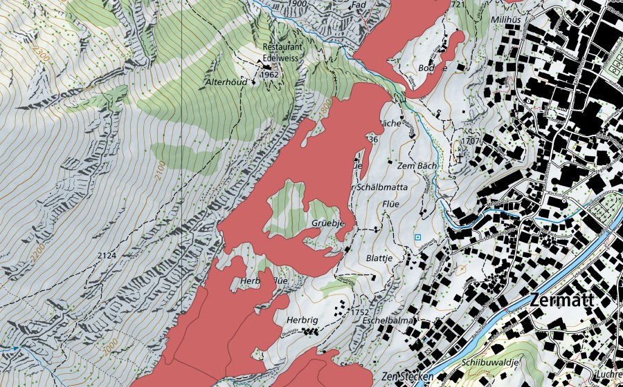 Carte nationale swisstopo avec le périmètre protégé de Zermatt (Prairie sèche)