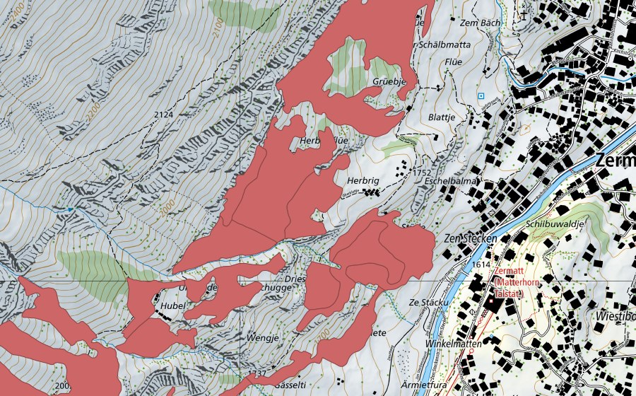 Carte nationale swisstopo avec le périmètre protégé de Zermatt (Prairie sèche)