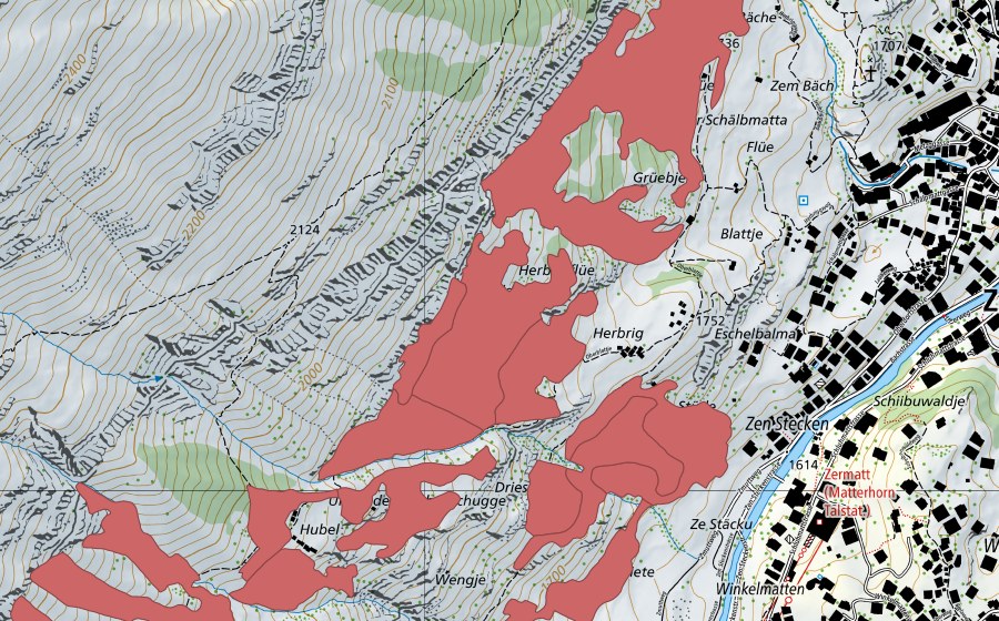 swisstopo national map showing the protected perimeter of Zermatt (Dry meadow)