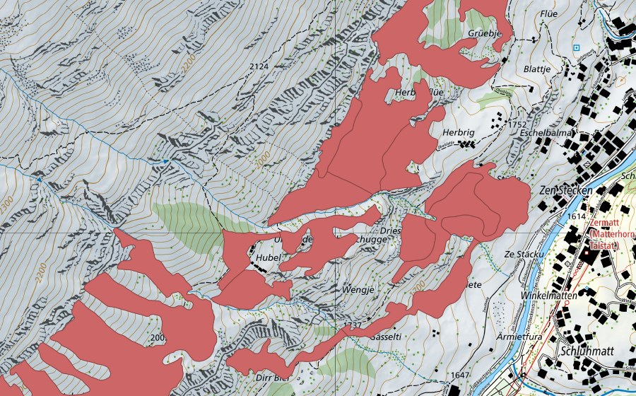 Carta nazionale swisstopo con il perimetro protetto di Zermatt (Prato secco)