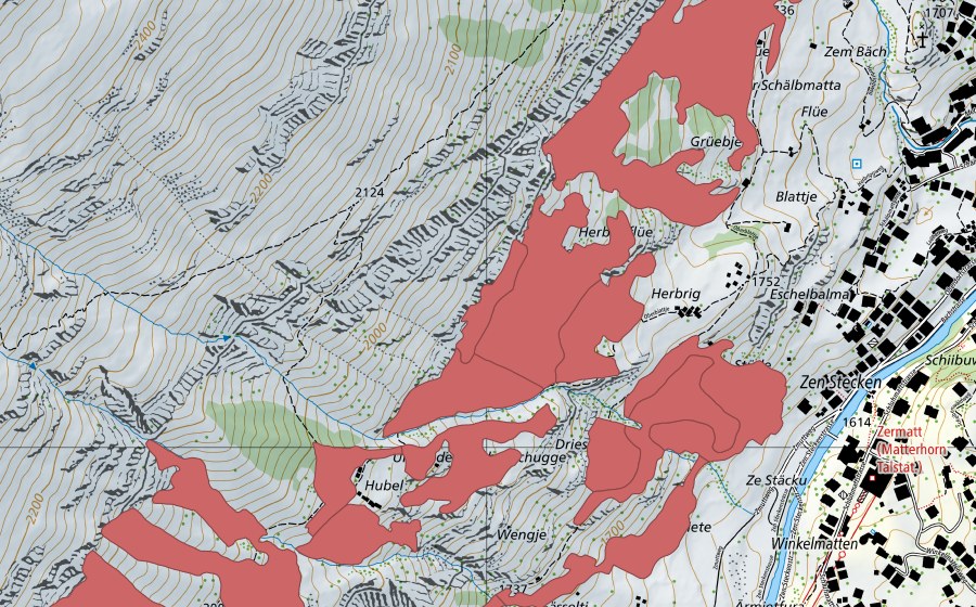Carta nazionale swisstopo con il perimetro protetto di Zermatt (Prato secco)