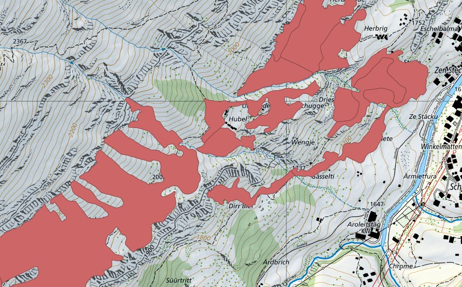 swisstopo national map showing the protected perimeter of Zermatt (Dry meadow)
