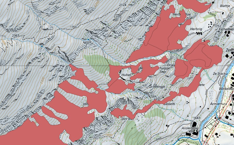 Carte nationale swisstopo avec le périmètre protégé de Zermatt (Prairie sèche)