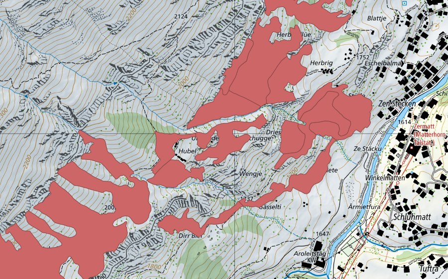 Carte nationale swisstopo avec le périmètre protégé de Zermatt (Prairie sèche)
