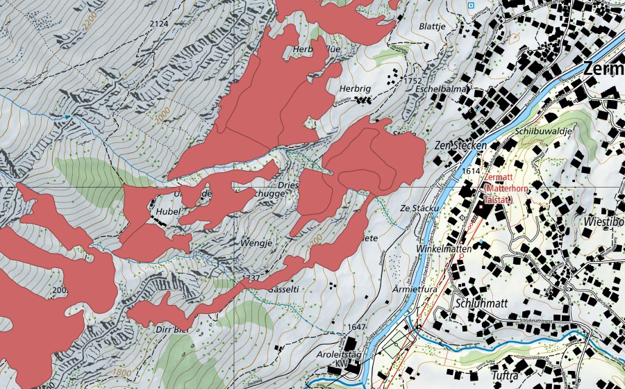 Carte nationale swisstopo avec le périmètre protégé de Zermatt (Prairie sèche)