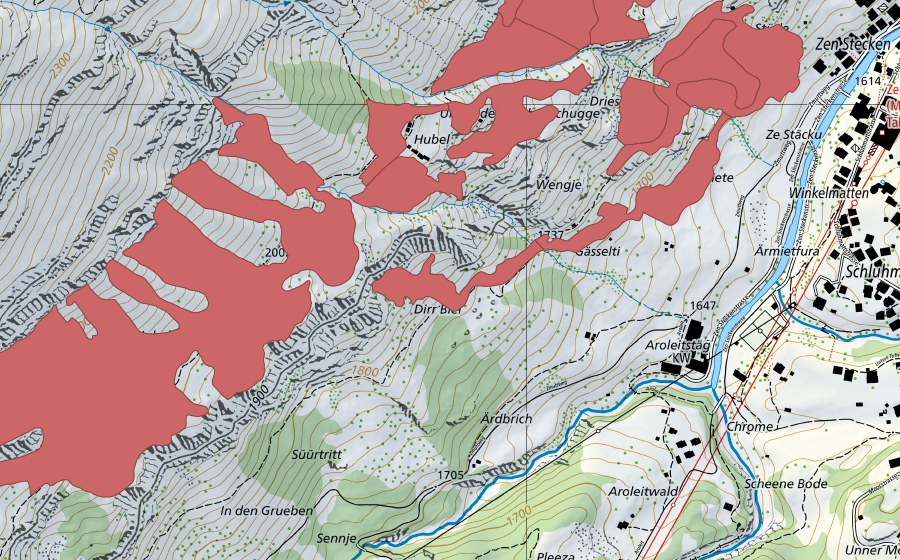 Carta nazionale swisstopo con il perimetro protetto di Zermatt (Prato secco)