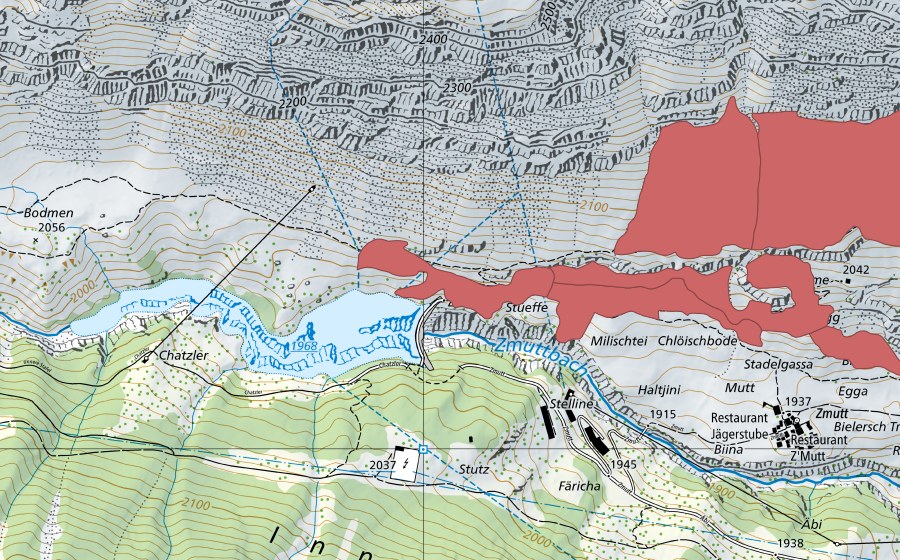 Carte nationale swisstopo avec le périmètre protégé de Zermatt (Prairie sèche)