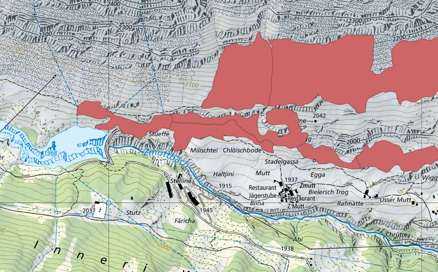 Carte nationale swisstopo avec le périmètre protégé de Zermatt (Prairie sèche)