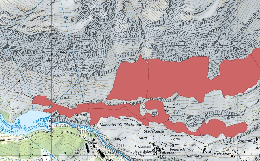 Carte nationale swisstopo avec le périmètre protégé de Zermatt (Prairie sèche)