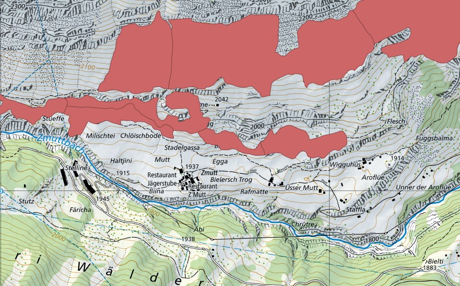 Landeskarte swisstopo mit dem Schutzperimeter von Zermatt (Trockenwiese)