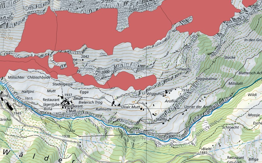 swisstopo national map showing the protected perimeter of Zermatt (Dry meadow)